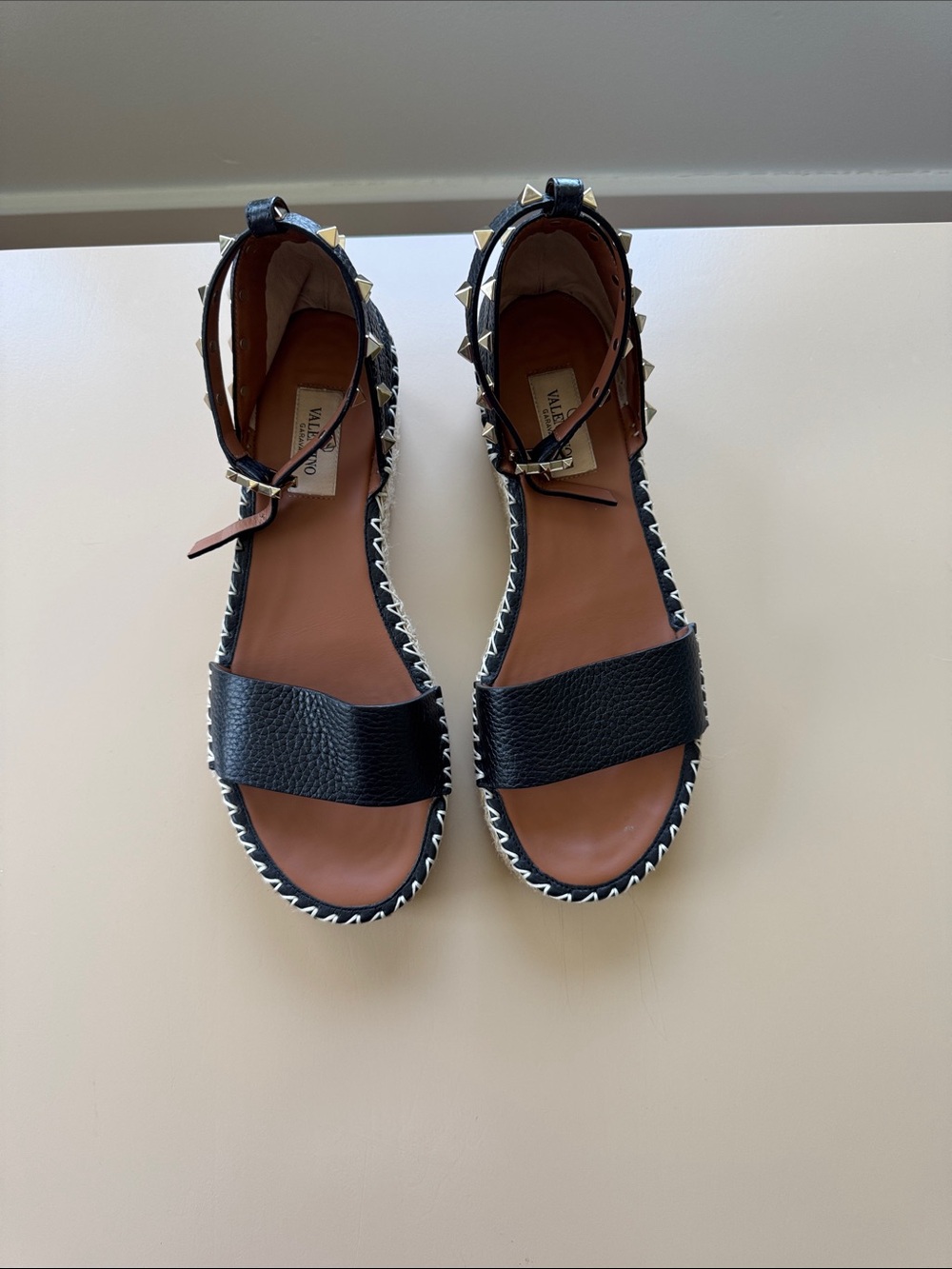 Valentino Garavani Black Leather Espadrille Ankle-Tie Sandals with Gold Studs